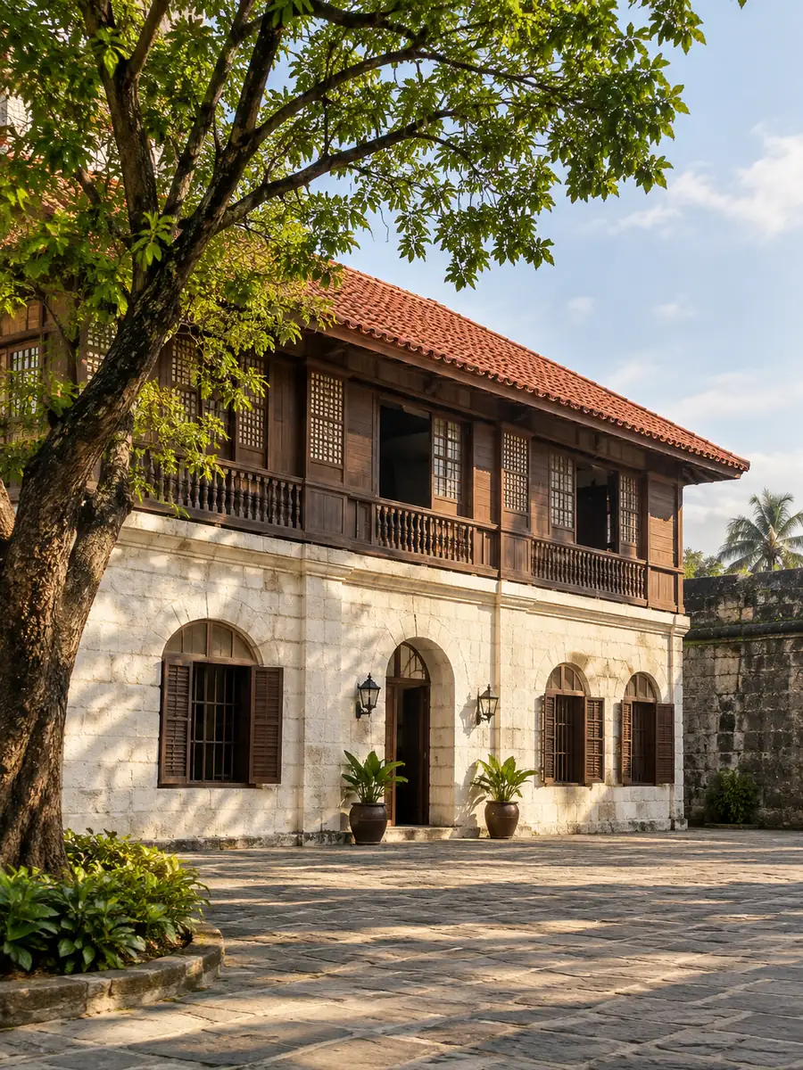Das weiß getünchte spanische Kolonialgebäude der Rizal-Gedenkstätte im Fort Santiago, mit Bogenfenstern und Ziegeldach