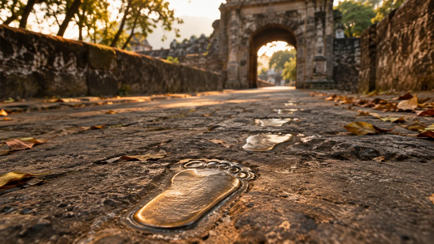 Bronze-Fußabdrücke im Steinpflaster von Fort Santiago, die zu einem steinernen Bogentor führen