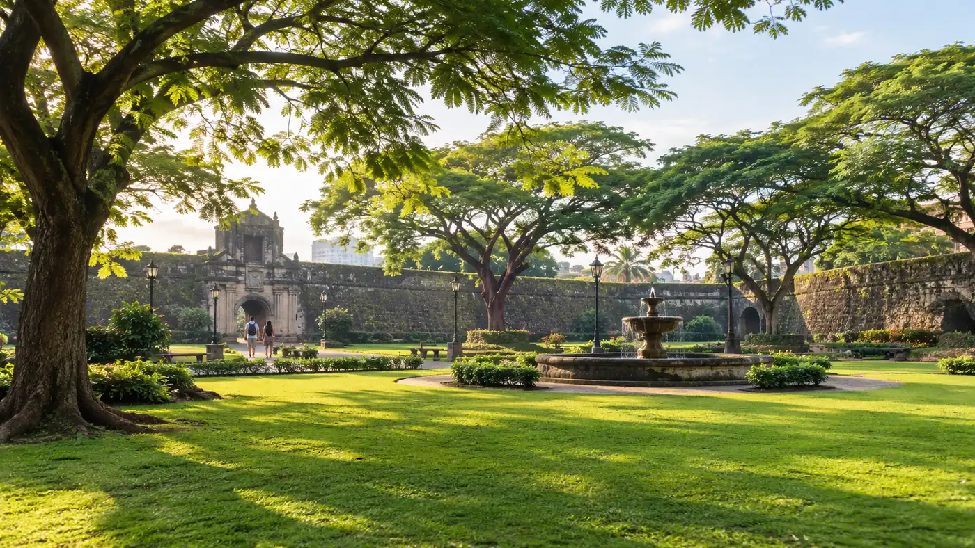 Der Rasen der Plaza de Armas im Fort Santiago mit schattigen Bäumen und alten Steinmauern im sanften Morgenlicht