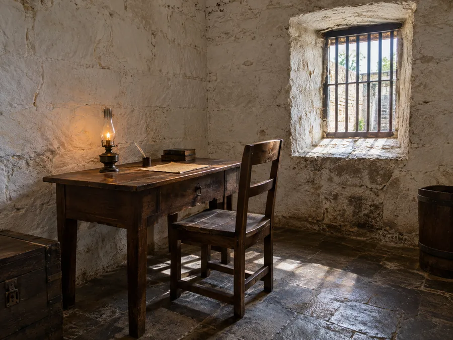 Ein nachgestellter Gefängnisraum mit einem Holztisch und einer kleinen Lampe, wie die Zelle, in der Rizal sein letztes Gedicht schrieb