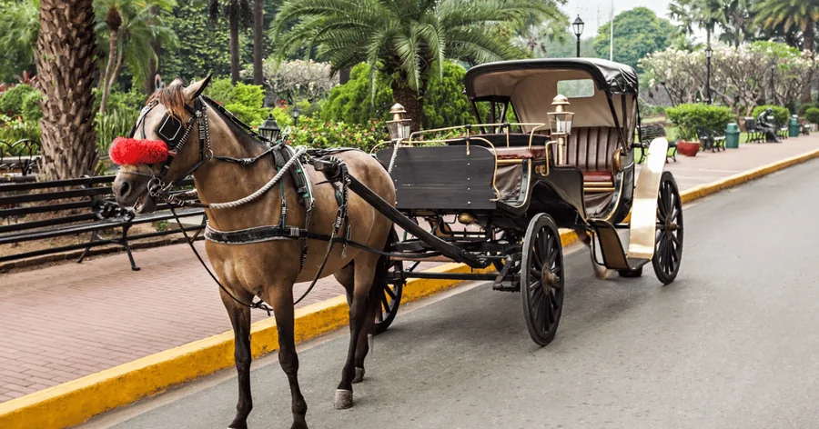 Eine Kalesa (Pferdekutsche) wartet an einer Straße in Intramuros